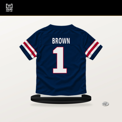 A.J. Brown number 1 New England Patriots jersey stand with included black base.