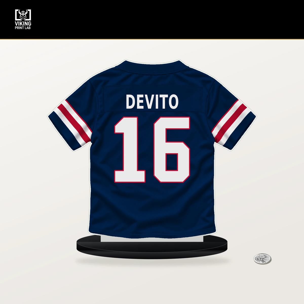 Tommy DeVito number 16 New England Patriots jersey stand with included black base.