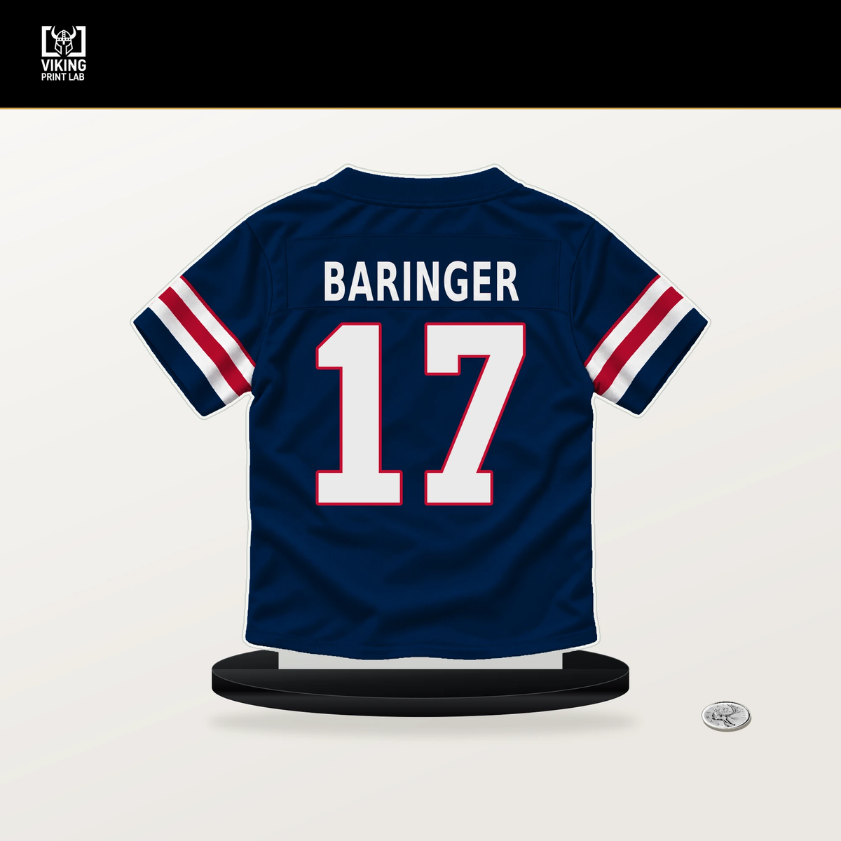 Bryce Baringer number 17 New England Patriots jersey stand with included black base.