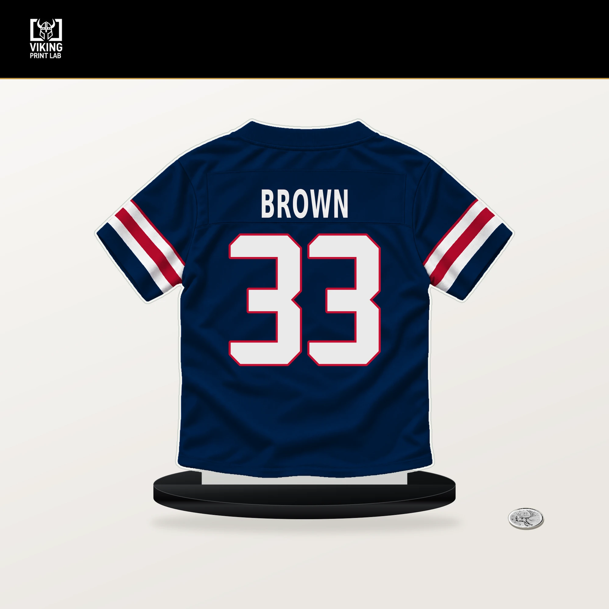 Mike Brown number 33 New England Patriots jersey stand with included black base.
