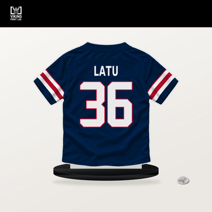 Cameron Latu number 36 New England Patriots jersey stand with included black base.