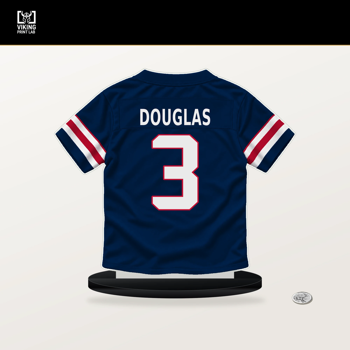 DeMario Douglas number 3 New England Patriots jersey stand with included black base.