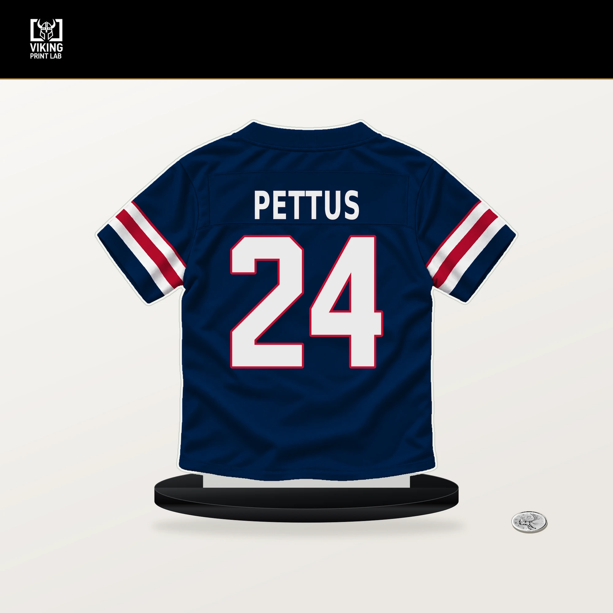 Dell Pettus number 24 New England Patriots jersey stand with included black base.