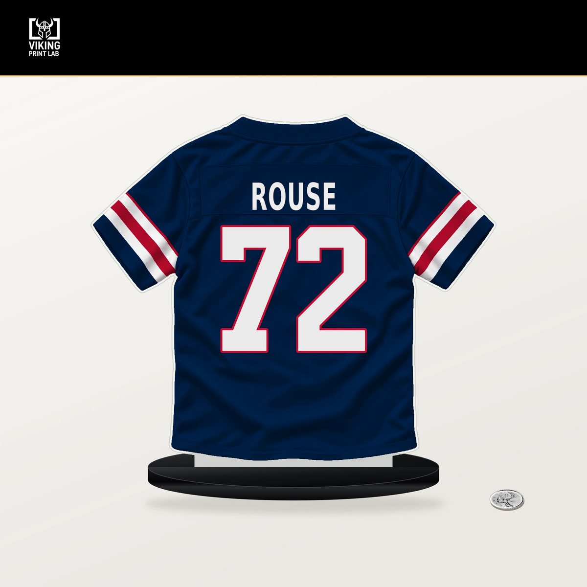 Walter Rouse number 72 New England Patriots jersey stand with included black base.