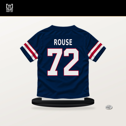 Walter Rouse number 72 New England Patriots jersey stand with included black base.