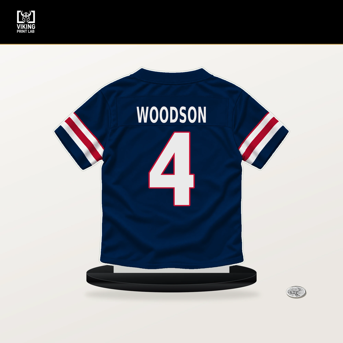 Craig Woodson number 4 New England Patriots jersey stand with included black base.