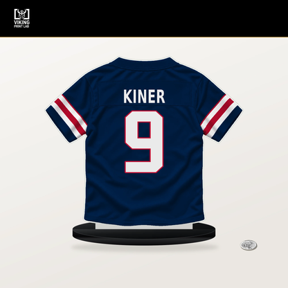 Corey Kiner number 9 New England Patriots jersey stand with included black base.