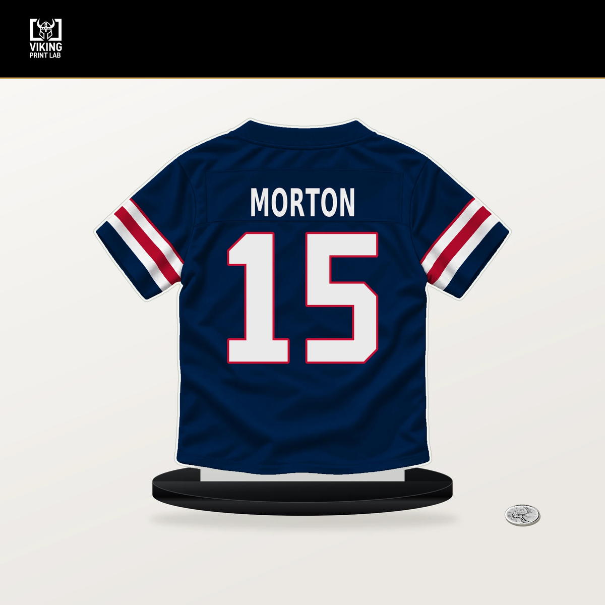 Behren Morton number 15 New England Patriots jersey stand with included black base.