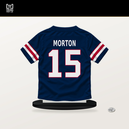 Behren Morton number 15 New England Patriots jersey stand with included black base.