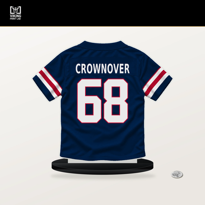 Dametrious Crownover number 68 New England Patriots jersey stand with included black base.