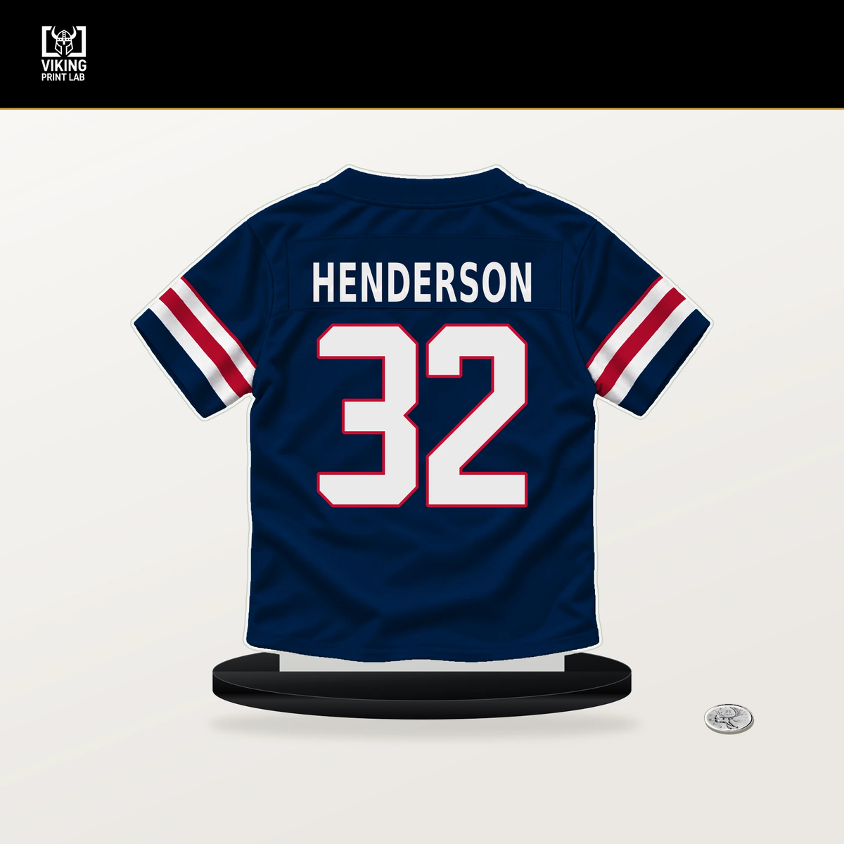 TreVeyon Henderson number 32 New England Patriots jersey stand with included black base.
