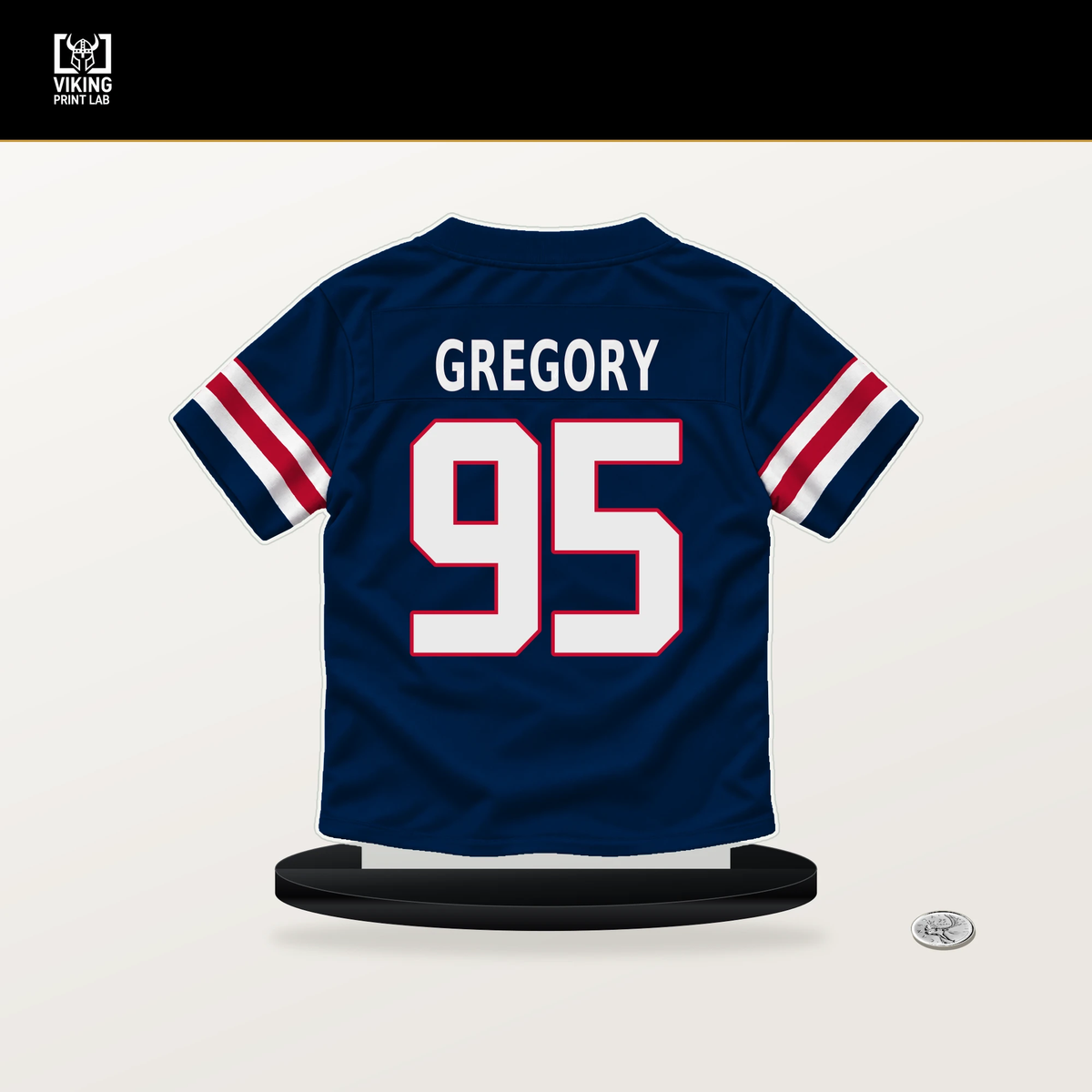 Eric Gregory number 95 New England Patriots jersey stand with included black base.