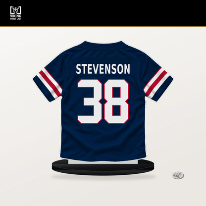 Rhamondre Stevenson number 38 New England Patriots jersey stand with included black base.