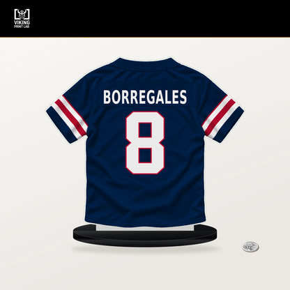 Andy Borregales number 8 New England Patriots jersey stand with included black base.