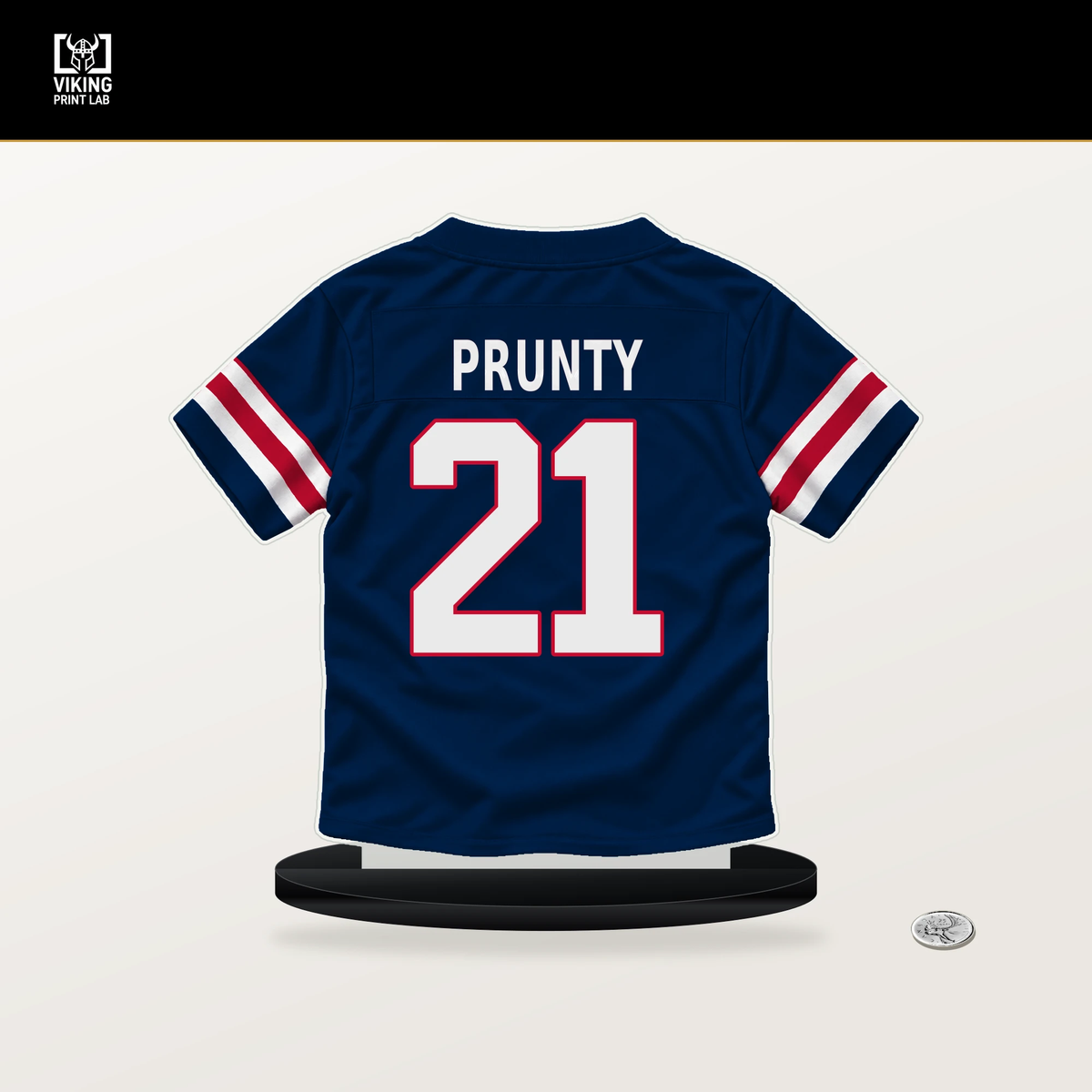 Karon Prunty number 21 New England Patriots jersey stand with included black base.