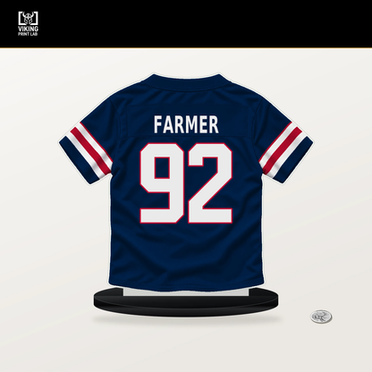 Joshua Farmer number 92 New England Patriots jersey stand with included black base.