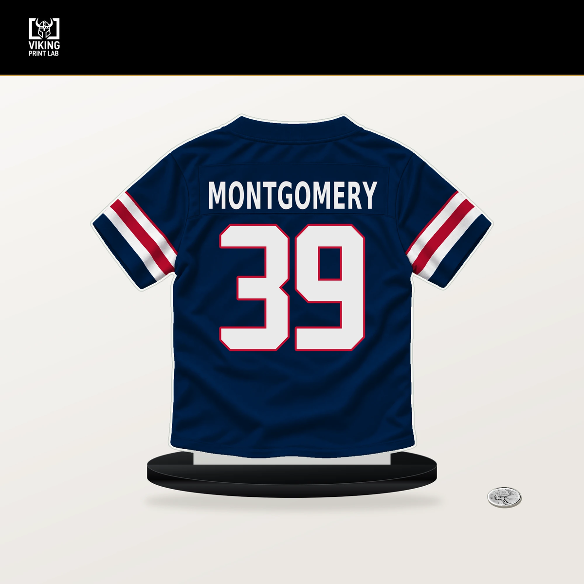 Myles Montgomery number 39 New England Patriots jersey stand with included black base.