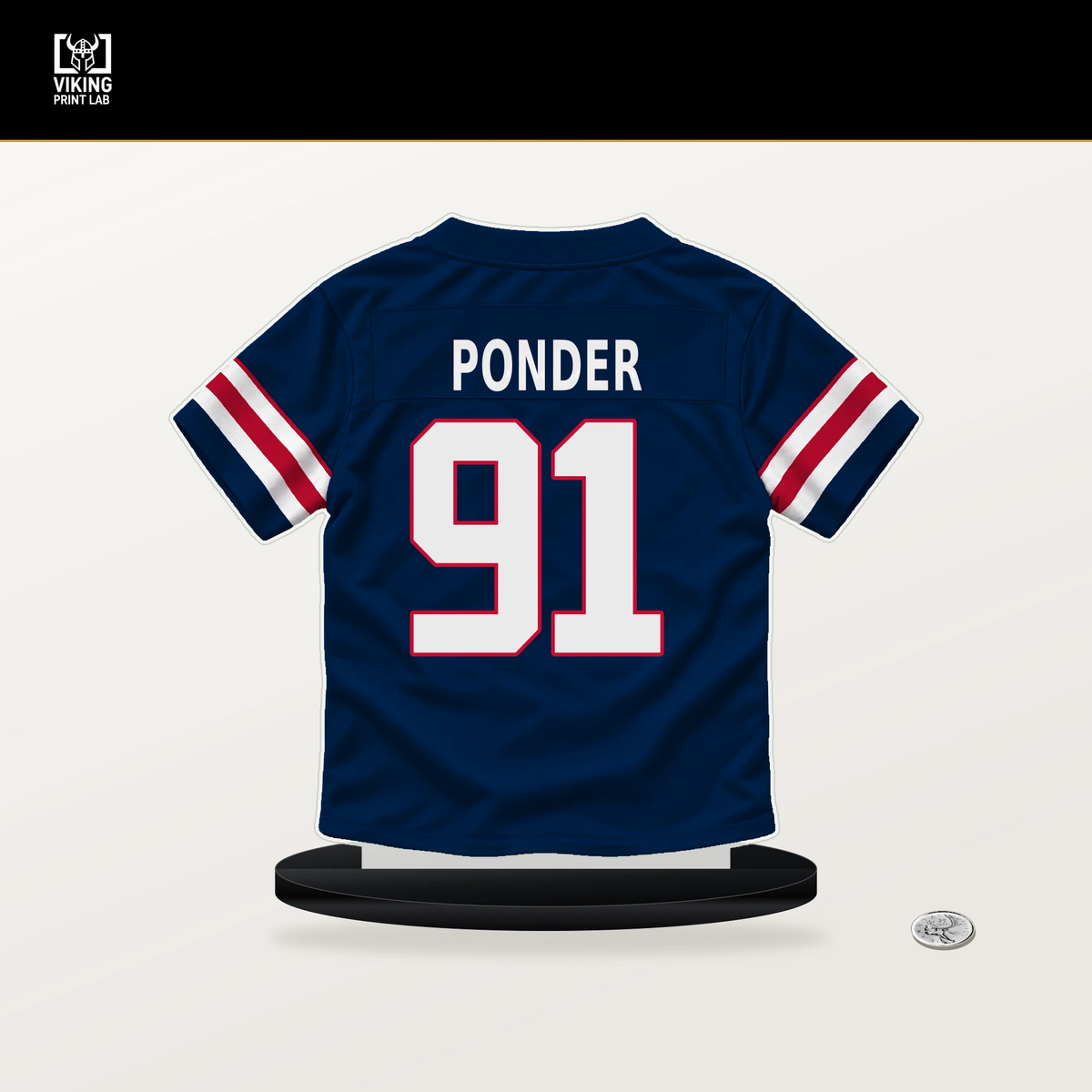 Elijah Ponder number 91 New England Patriots jersey stand with included black base.