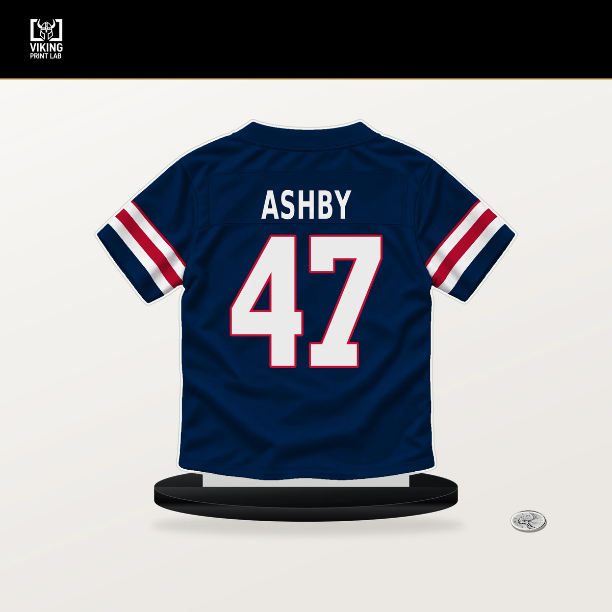 Julian Ashby number 47 New England Patriots jersey stand with included black base.
