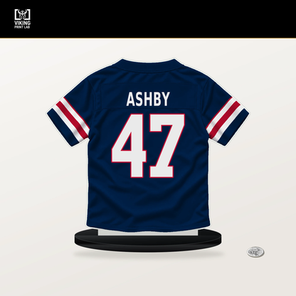Julian Ashby number 47 New England Patriots jersey stand with included black base.