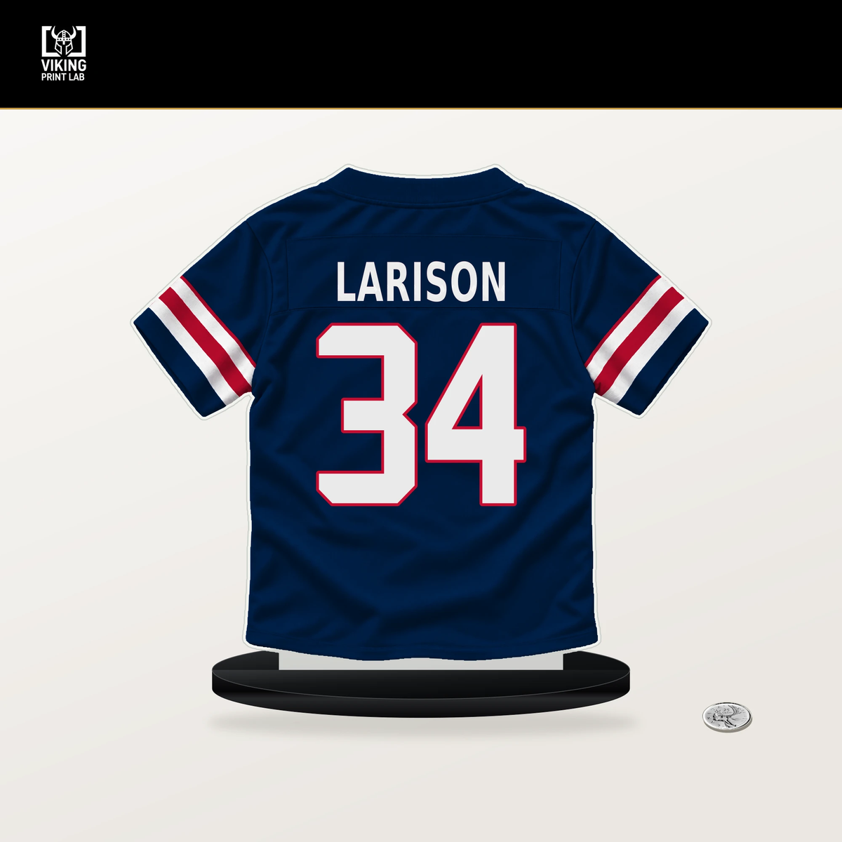 Lan Larison number 34 New England Patriots jersey stand with included black base.