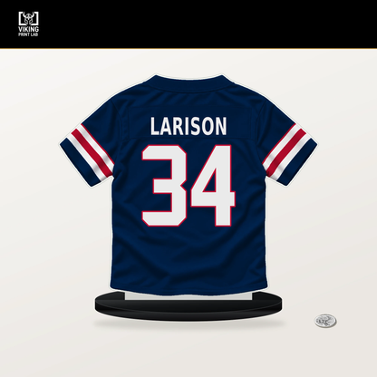 Lan Larison number 34 New England Patriots jersey stand with included black base.