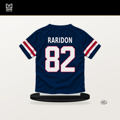 Eli Raridon number 82 New England Patriots jersey stand with included black base.