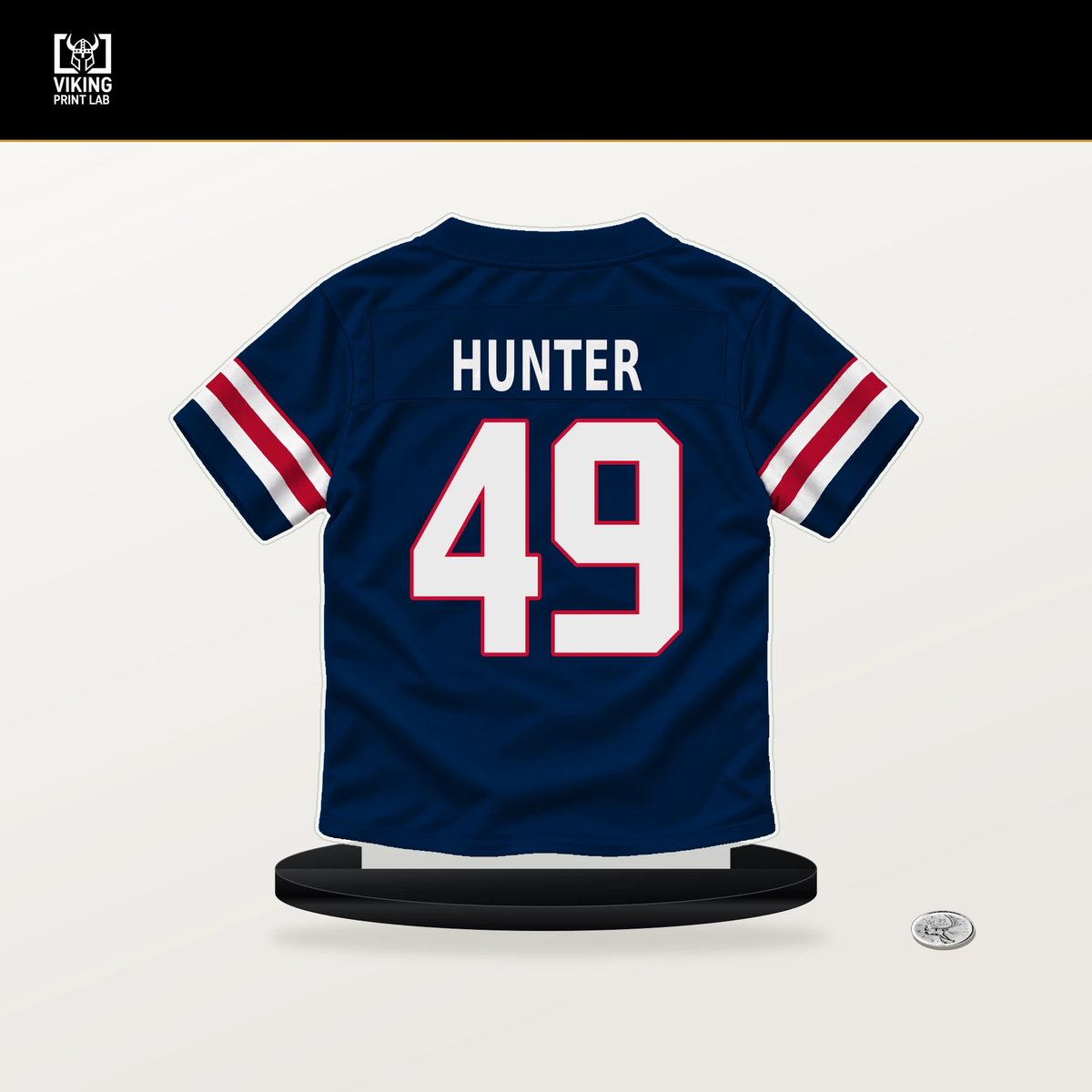 Erick Hunter number 49 New England Patriots jersey stand with included black base.