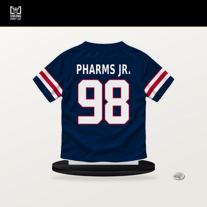 Jeremiah Pharms Jr. number 98 New England Patriots jersey stand with included black base.