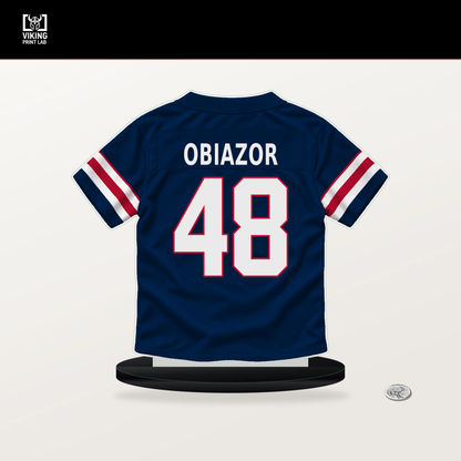 Namdi Obiazor number 48 New England Patriots jersey stand with included black base.