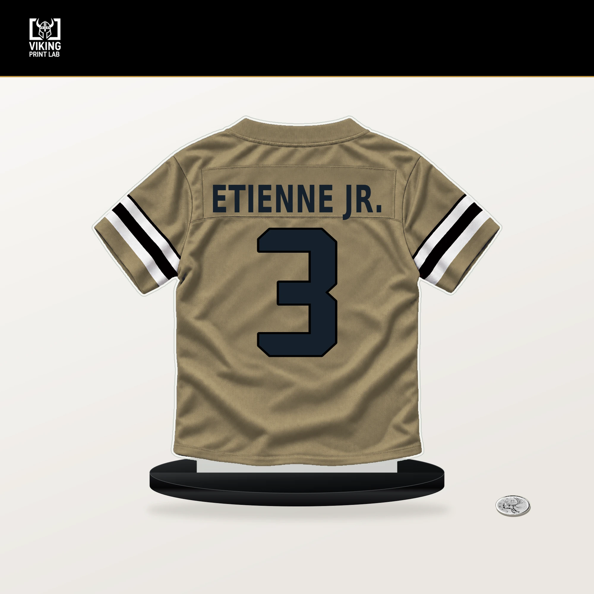 Travis Etienne Jr. number 3 New Orleans Saints jersey stand with included black base.