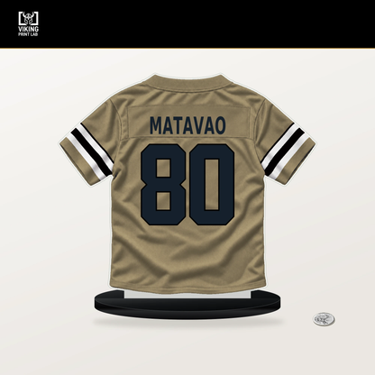 Moliki Matavao number 80 New Orleans Saints jersey stand with included black base.