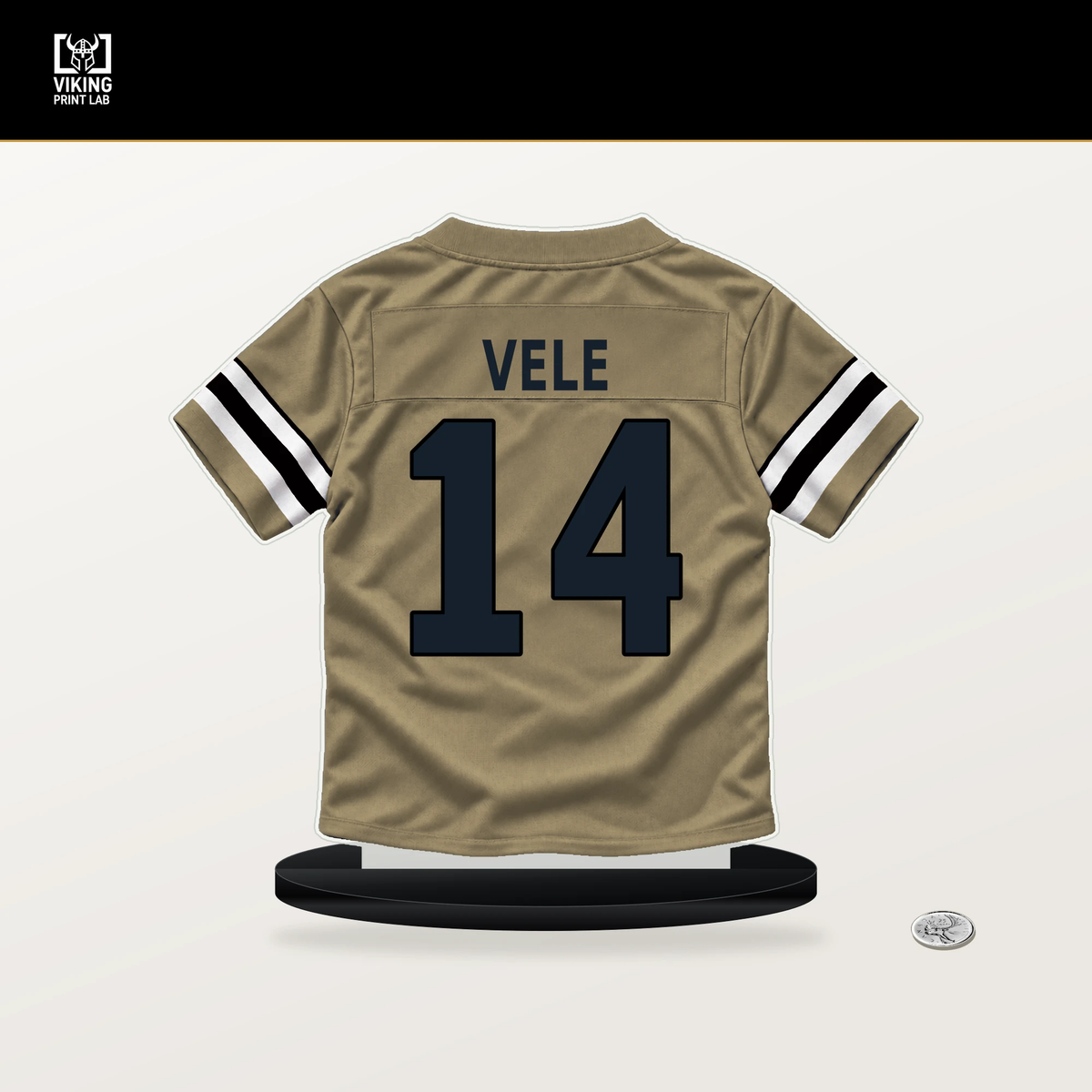 Devaughn Vele number 14 New Orleans Saints jersey stand with included black base.