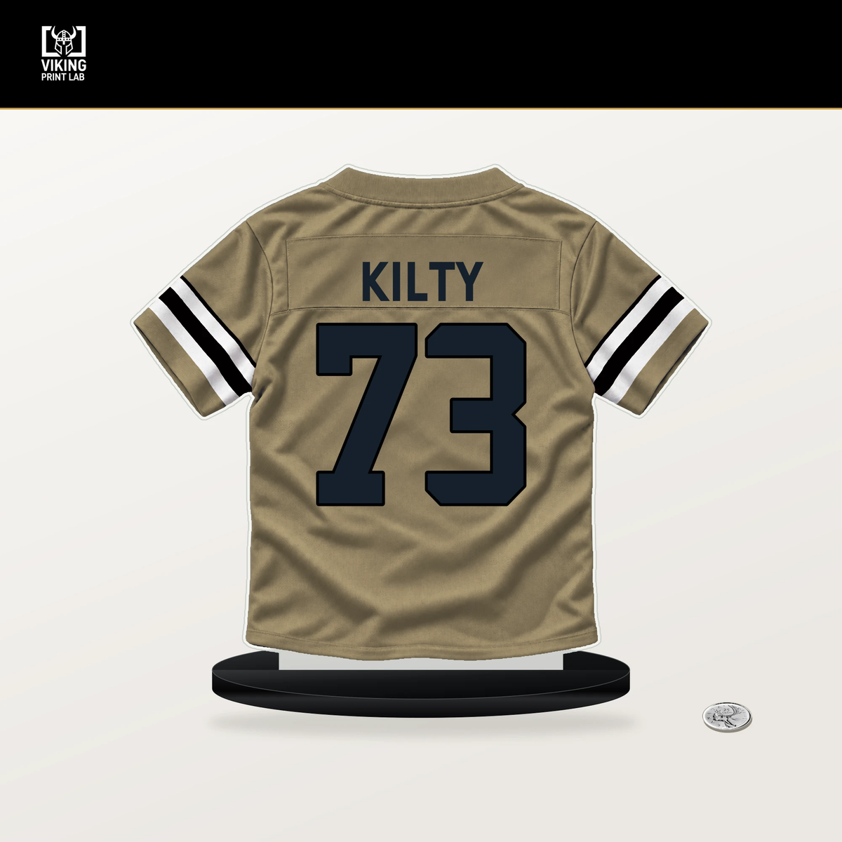 Easton Kilty number 73 New Orleans Saints jersey stand with included black base.