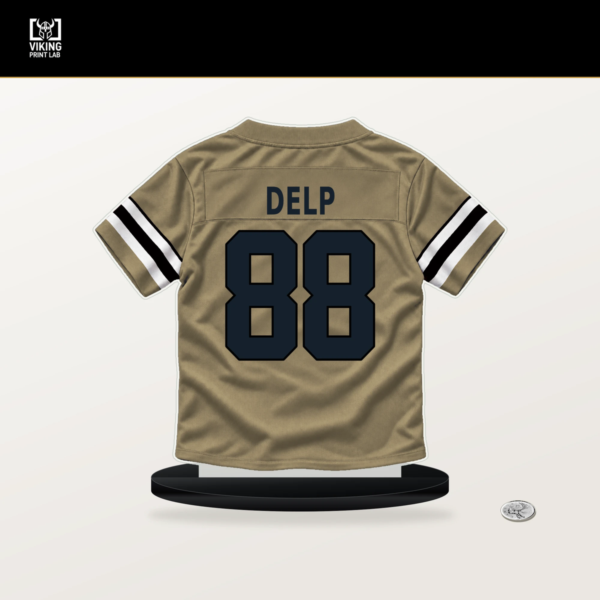 Oscar Delp number 88 New Orleans Saints jersey stand with included black base.