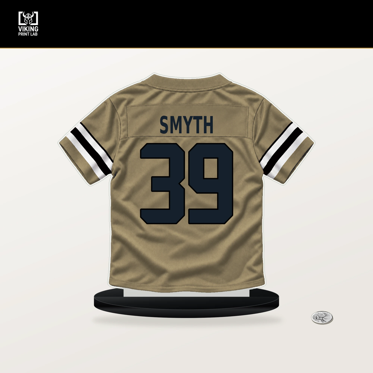 Charlie Smyth number 39 New Orleans Saints jersey stand with included black base.