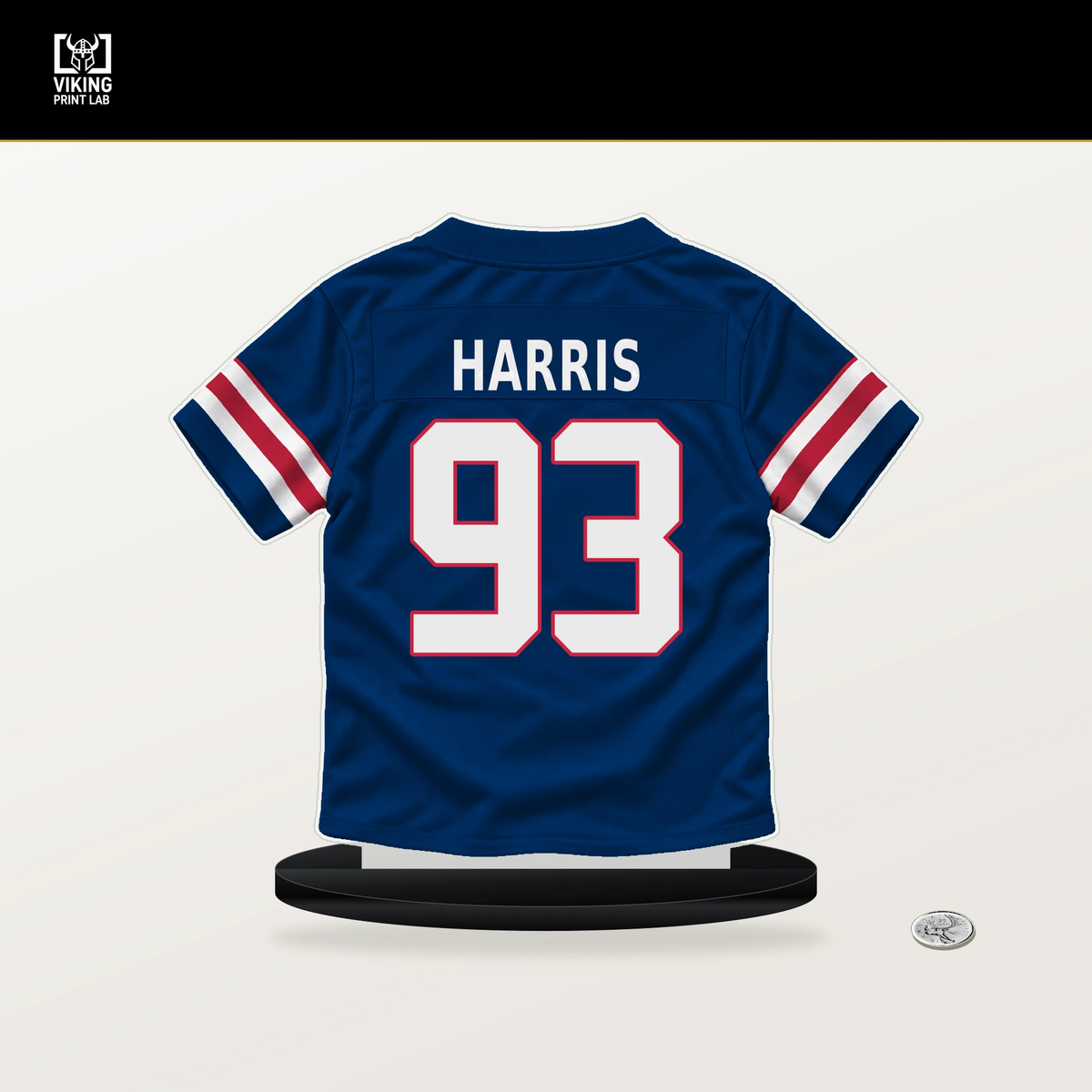 Shelby Harris number 93 New York Giants jersey stand with included black base.
