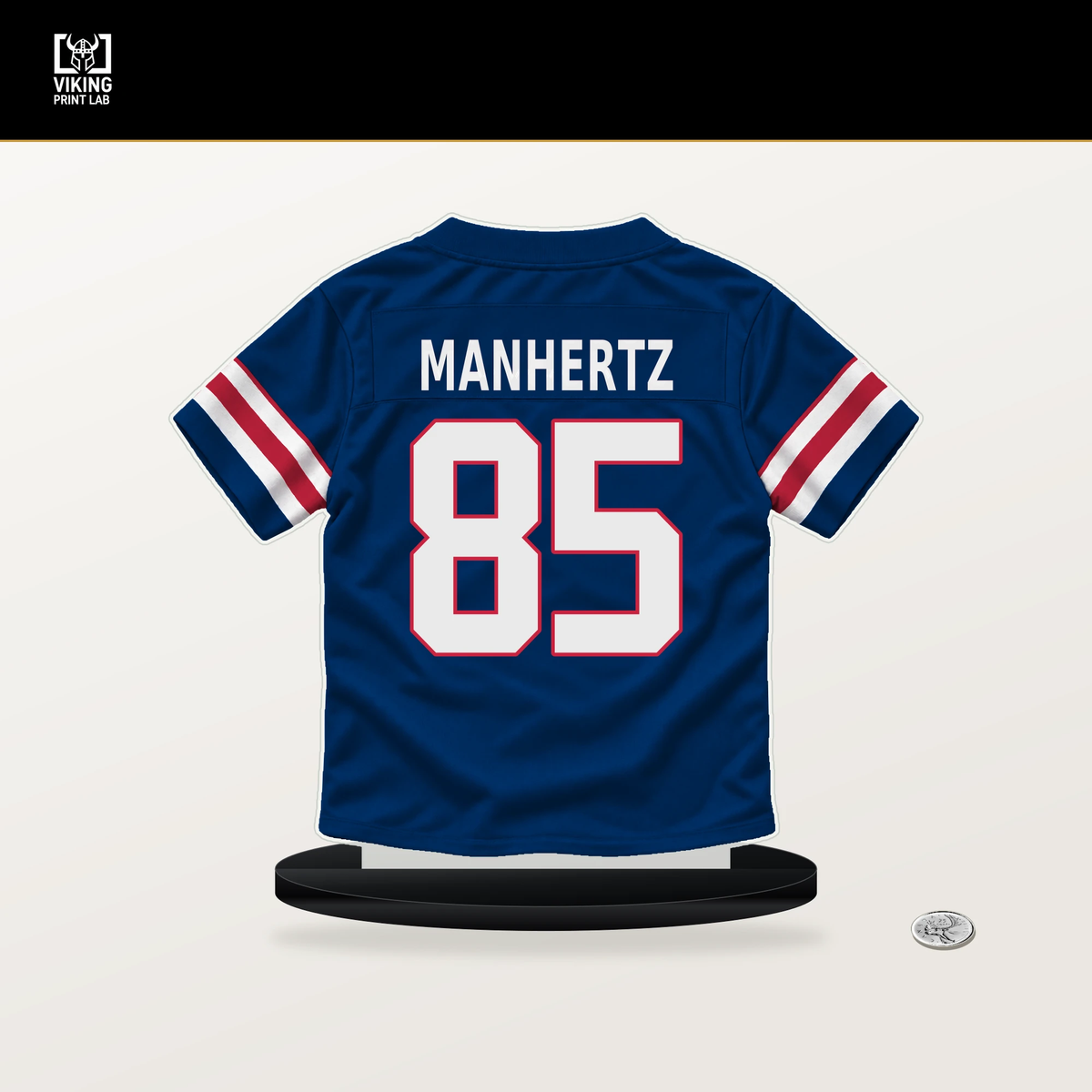 Chris Manhertz number 85 New York Giants jersey stand with included black base.