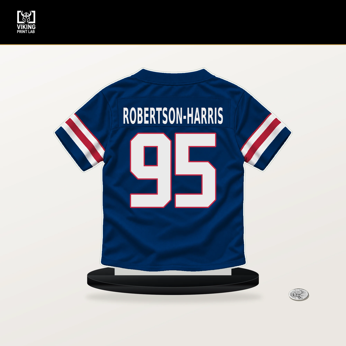 Roy Robertson-Harris number 95 New York Giants jersey stand with included black base.