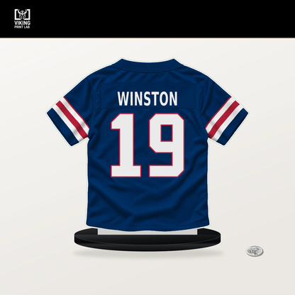 Jameis Winston number 19 New York Giants jersey stand with included black base.