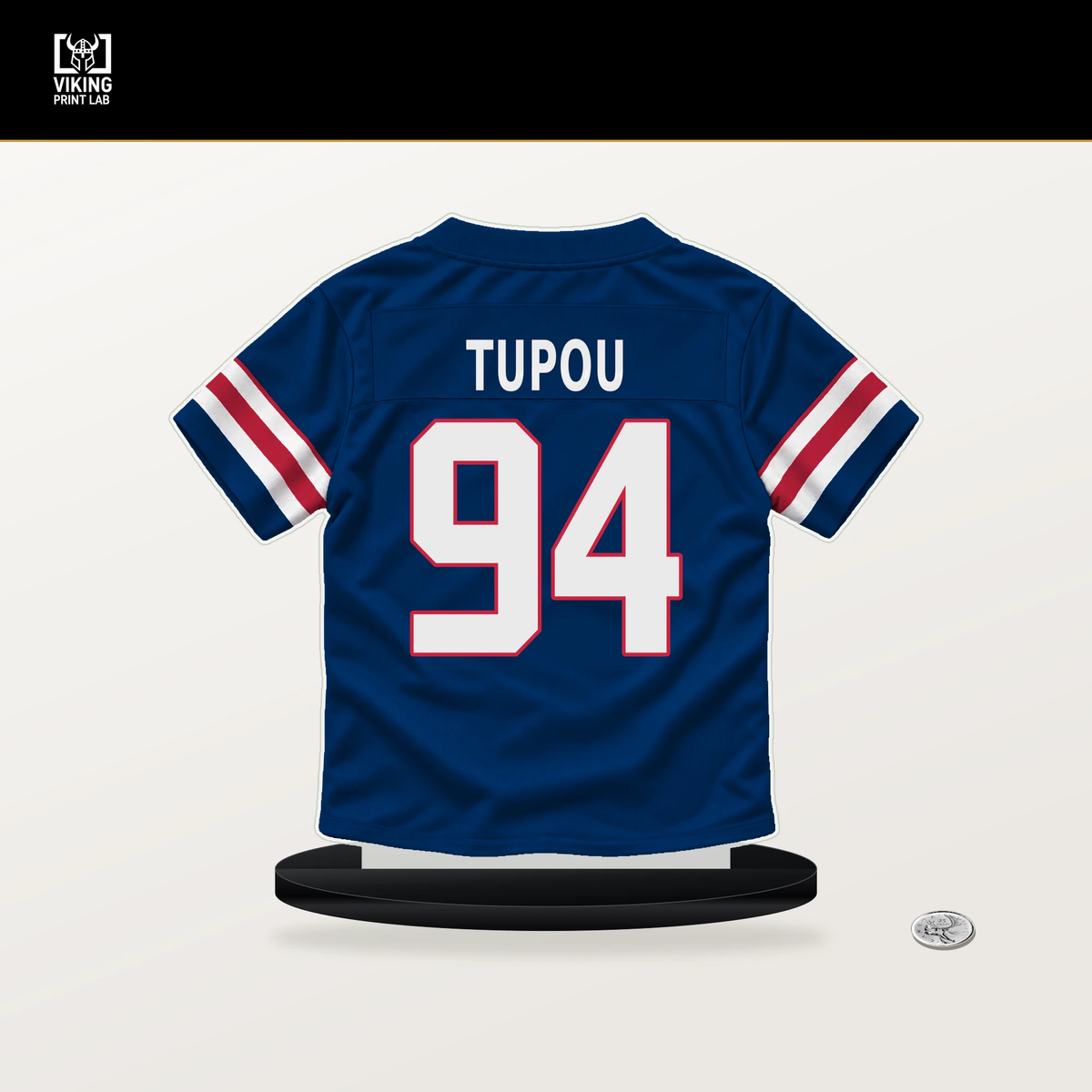 Josh Tupou number 94 New York Giants jersey stand with included black base.