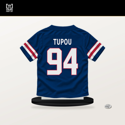 Josh Tupou number 94 New York Giants jersey stand with included black base.