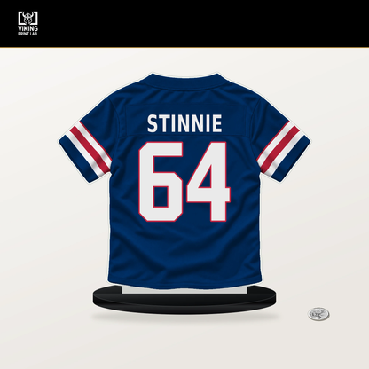 Aaron Stinnie number 64 New York Giants jersey stand with included black base.