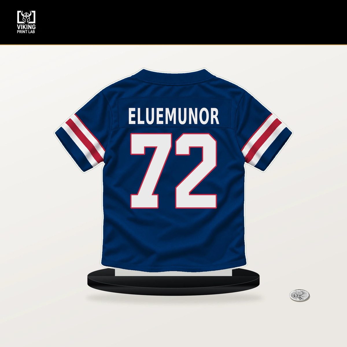 Jermaine Eluemunor number 72 New York Giants jersey stand with included black base.