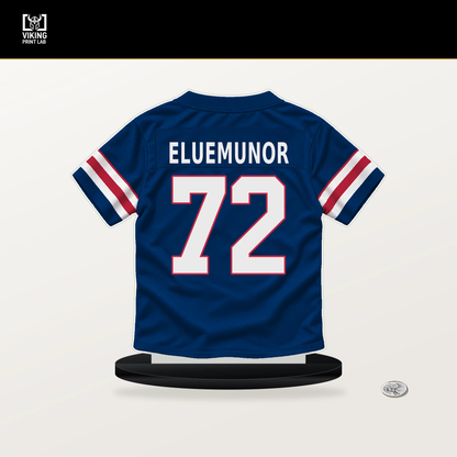 Jermaine Eluemunor number 72 New York Giants jersey stand with included black base.