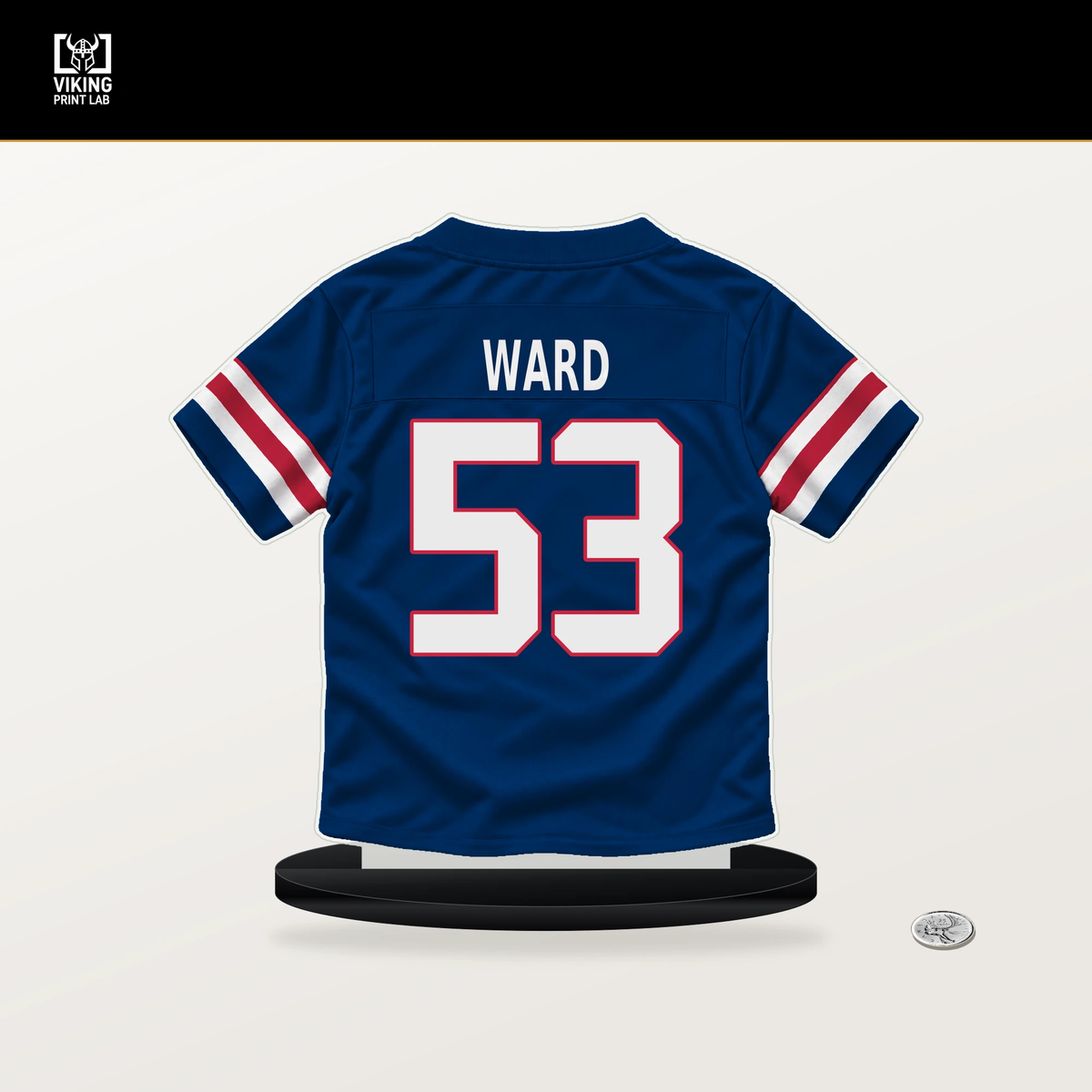 Jihad Ward number 53 New York Giants jersey stand with included black base.