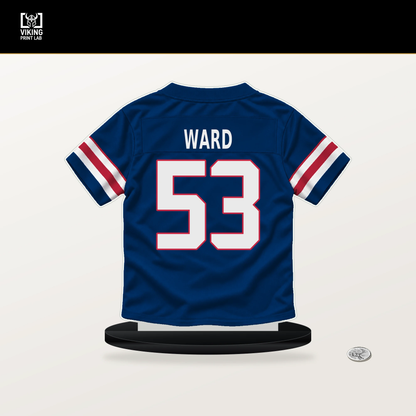 Jihad Ward number 53 New York Giants jersey stand with included black base.