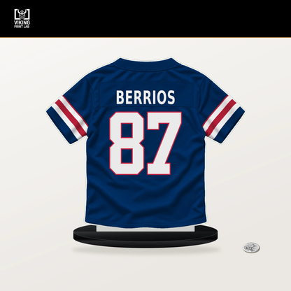 Braxton Berrios number 87 New York Giants jersey stand with included black base.