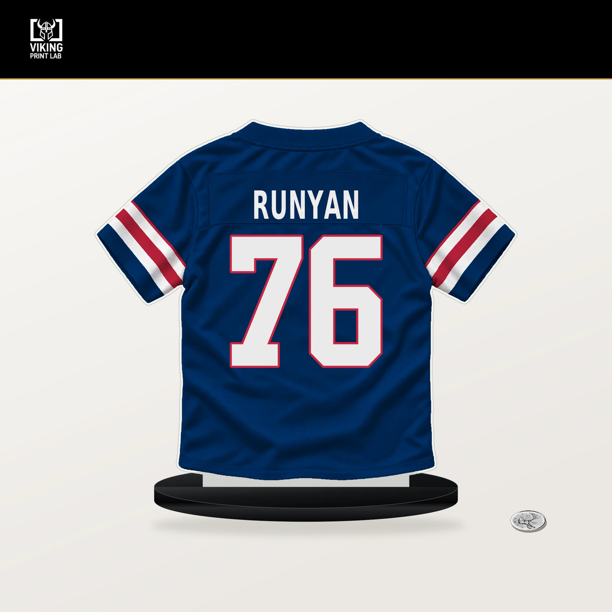 Jon Runyan number 76 New York Giants jersey stand with included black base.