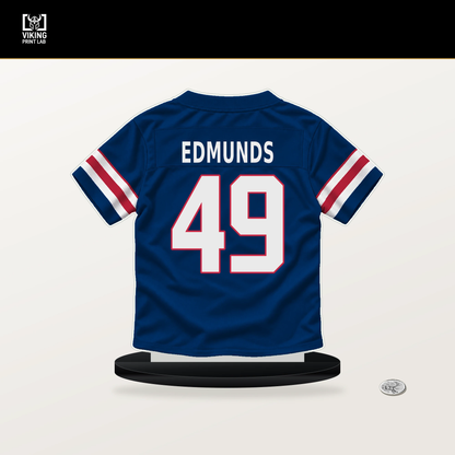 Tremaine Edmunds number 49 New York Giants jersey stand with included black base.